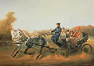 Tsar Alexandre II (1818-81) conduisant avec ses fils à Zarskoje Selo, années 1850